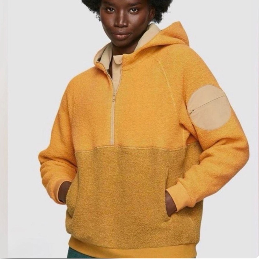 Outdoor Voices Zip Hoodie in Mustard and Tan Patch